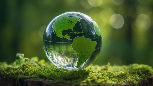 Green Globe with Continents on blurred Natural Background. Happy world earth day concept. Generative AI	
