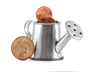 Miniature watering can with coins in denominations of 1 American cent and 1 dollar coin on a white background © Max Zolotukhin