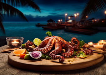 Grilled Octopus served in the restaurant for dinner at tropical island. Ai generative