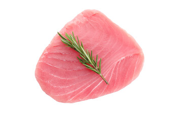 Raw tuna fillet and rosemary isolated on white, to view