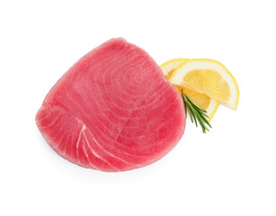 Fresh raw tuna fillet with lemon slices and rosemary on white background