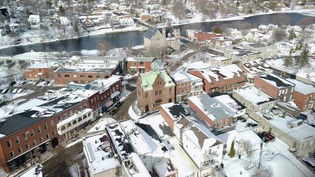 Aerial footage of Almonte, Ontario Canada during winter.