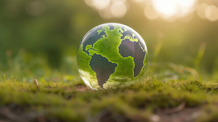 Obraz na płótnie Canvas Green Globe with Continents on blurred Natural Background. Happy world earth day concept. Generative AI 