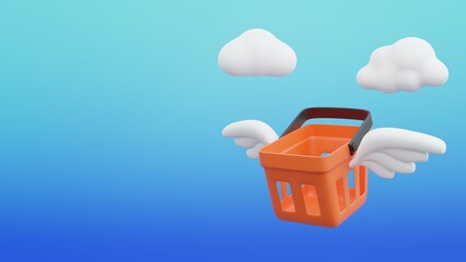 Online shopping cart 3d render. Basket flying in the sky. Illustration for advertising. Icons minimal 3D. Online shopping 3d. 24 hour service and fast delivery. 

