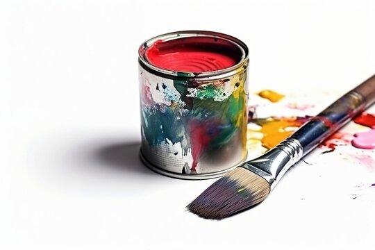 Farbdose mit roter Farbe und einem Pinsel, Generative AI