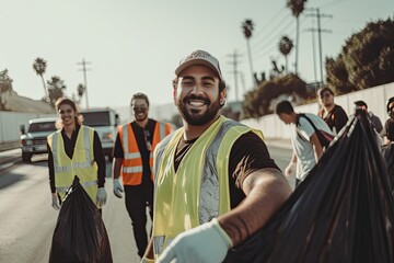 Small group of volunteers cleaning the streets in Los Angeles