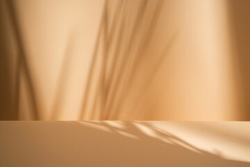 Empty table on bright brown wall background. Composition with palm tree shadow on the wall. Mock up...