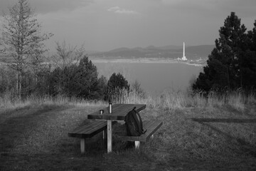 Chabarovice, Czechia - April 09, 2023: view to lake of Milada at spring sunset