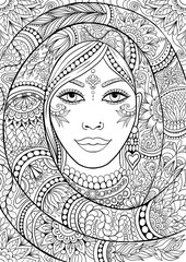 Indian woman face portrait with ornamental bakground in zentangle style, adult coloring book page