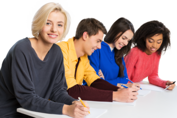 Happy Group Of Young Students Studying Together In Library