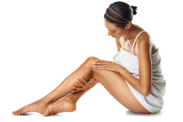 Natural beauty, woman and touch legs for dermatology, laser hair removal and isolated on a...