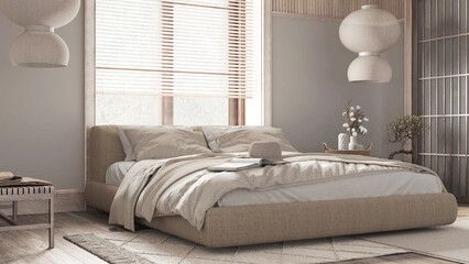 Japandi bedroom with wallpaper and bleached wooden walls in white and beige tones. Parquet floor, master bed, carpets and paper lamp. Japanese interior design