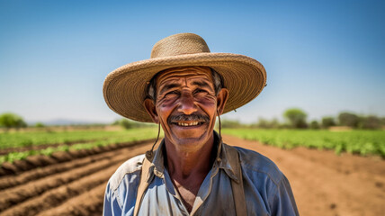 Fototapeta premium a happy farmer standing in the middle of a bountiful soil field with rows of crops stretching out behind him made with Gerative AI