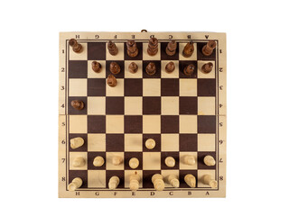 Wooden chess on a white background. Board game chess. Close-up.