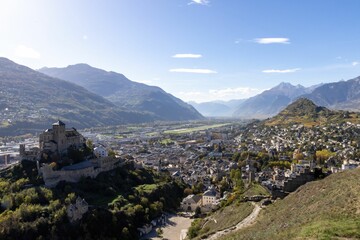 Fototapeta na wymiar Aerial view of the city of Sion in Switzerland with the Valere Basilica visible in the foreground