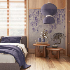 Japanese bedroom with wallpaper and wooden walls in purple and beige tones. Parquet floor, master bed, carpets and decors. Minimal japandi interior design