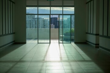 an empty lobby that has sliding glass doors and panoramic windows