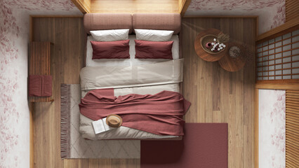 Fototapeta na wymiar Japandi bedroom with wallpaper and wooden walls in red and beige tones. Parquet, master bed, carpets and decors. Japanese interior design. Top view, plan, above