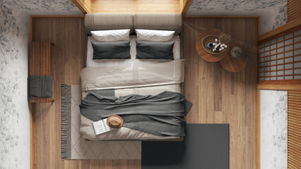 Fototapeta na wymiar Japandi bedroom with wallpaper and wooden walls in gray and beige tones. Parquet, master bed, carpets and decors. Japanese interior design. Top view, plan, above