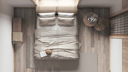 Japandi bedroom with bleached wooden walls. Parquet, master bed, carpets and decors. Japanese interior design. Top view, plan, above