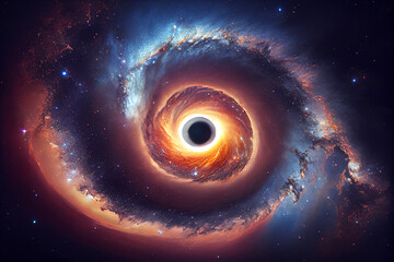 Mysterious black hole, spiral galaxy, energy gravitation grid interlaced in distant space, generative ai illustration