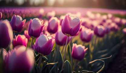 Beautiful pink tulips in a spring meadow close-up, ai generated