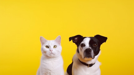 a cat and a dog sit together on a yellow background. Generative Ai