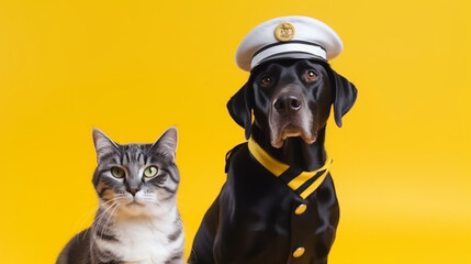 a dog in military uniform and a cat are sitting next to each other on a yellow background. Generative Ai