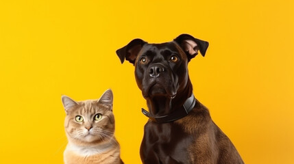 dog and cat sit side by side on orange background, banner. Generative Ai