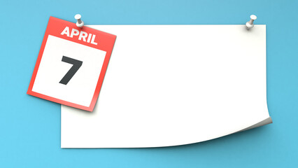 April 7. A calendar sheet with a date on a blue background. Copy space. The best day of the year. Three-dimensional illustration. 3D rendering.