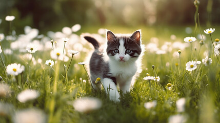 a kitten walking through a field of daisies. Generative Ai