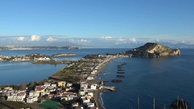 Aerial video of the coast and the gulf north of the city of Naples, Italy