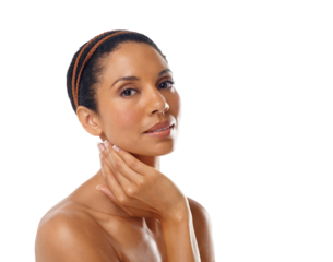 Woman, natural skincare and portrait isolated on transparent png background. Facial beauty, dermatology and face of female model with healthy aesthetic glow, shine and cosmetics for wellness results