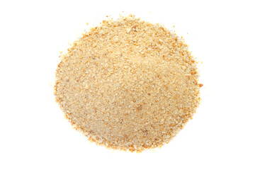 Heap of breadcrumbs isolated on white background, top view. Pile of isolated bread crumbs. Pile of breadcrumbs for nuggets, panko on a white background. Breadcrumbs isolated on white background.