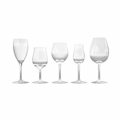 3d wine glasses of different shapes isolated on a white background.