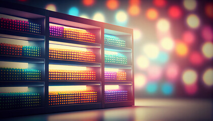 Fototapeta na wymiar Blurred Background Abstract Bokeh Shelving unit in Shopping store supermarket look at the lights. background, copy space, Generative AI, illustration