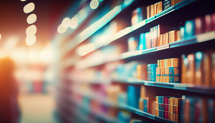 Blurred Background Abstract Bokeh Shelving unit in Shopping store supermarket look at the lights. background, copy space, Generative AI, illustration