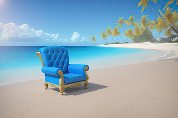 Fototapeta na wymiar Blue lixury chair at the sandy beach, freelance business concept, generative ai