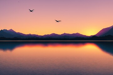Cartoon panorama of summer with lake, mountains on horizon background, mountain lake landscape generative ai illustration