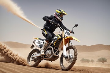 Motorcyclist on a cross-country motorcycle go fast at the desert dune, generative ai