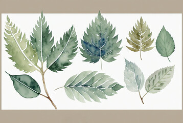 Green leaves on a white background, floral design. Watercolor drawn botanical watercolor painting, generative ai