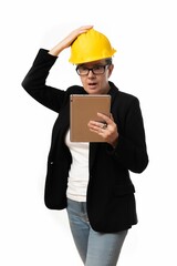 Engineer woman looking at the tablet with a shocked face on white background
