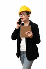 Engineer woman talking on the phone holding a tablet on white background