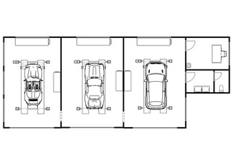 Schematic plan of a car service  3d illustration of floor plan of car service Floor plan of car service Working place with tools in garage
