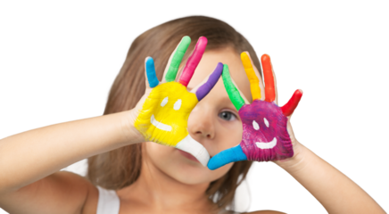 Little girl showing painted hands isolated on white background