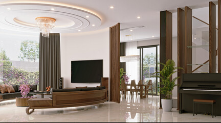 luxury house interior living and dining room, 3d rendering.