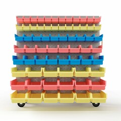 Naklejka premium 3D illustration of a shelving with colorful plastic boxes isolated on a white background