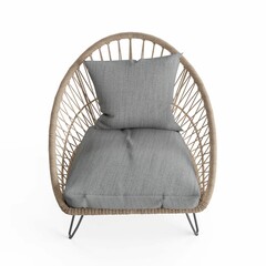 Closeup of a straw egg chair with a pillow on the white background