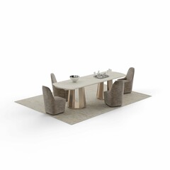 3D illustration of a marble table with chairs on a rug isolated on a white background