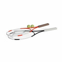 3D illustration of tennis racquets with the balls isolated on a white background